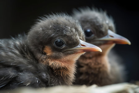 close-up of newborn birds, with their beak and feathers in perfect detail, created with generative aiの素材