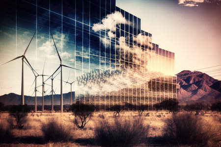 energy industry double exposure of solar farm and wind turbine in landscape, created with generative aiの素材