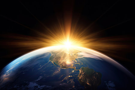 a sunburst of light over a globe, bringing new day and hope to the world, created with generative aiの素材
