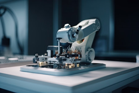 robot, assembling intricate device in medical laboratory, created with generative aiの素材