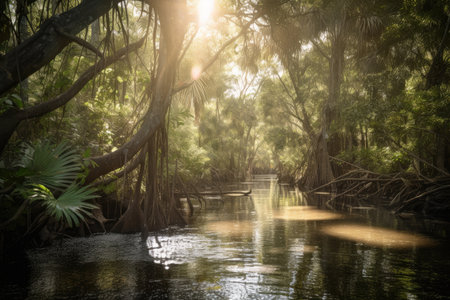 tropical freshwater habitat, with sun shining through the trees and onto the water, created with generative aiの素材