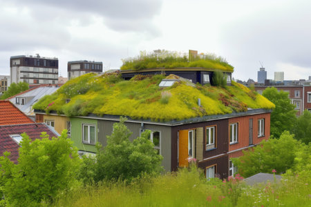 green-roofed house surrounded by greenery, with view of the nearby cityscape, created with generative aiの素材