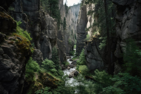 canyon, with towering rock walls and rushing river, surrounded by lush greenery, created with generative aiの素材