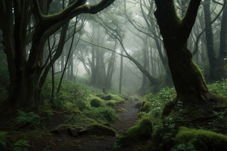 forest in a misty grove, surrounded by tranquil sounds, created with generative aiの素材