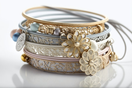 stack of delicate bracelets on white background, created with generative aiの素材