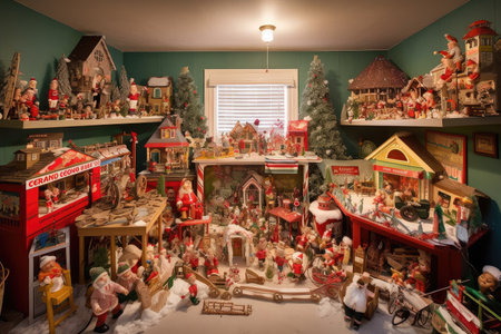 santas workshop, with elves and toys in view, created with generative aiの素材