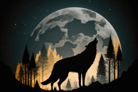 double exposure of wolf howling at full moon in forest, created with generative aiの素材