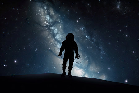 view of starry sky, with twinkling stars, and the silhouette of a spacesuit figure floating in the cosmos, created with generative aiの素材