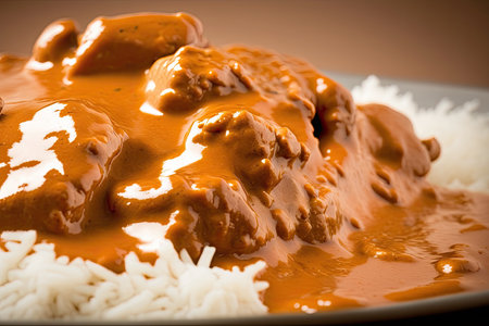 close-up of juicy piece of chicken tikka masala, with the sauce dripping off, created with generative aiの素材