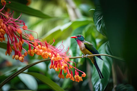 exotic bird perched on branch of flowering tree branch in tropical garden, created with generative aiの素材