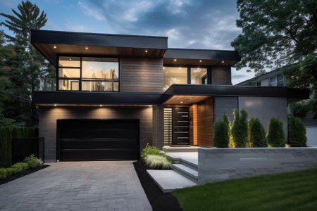 modern residential home with sleek interior, minimalist design and exterior featuring natural materials, created with generative aiの素材