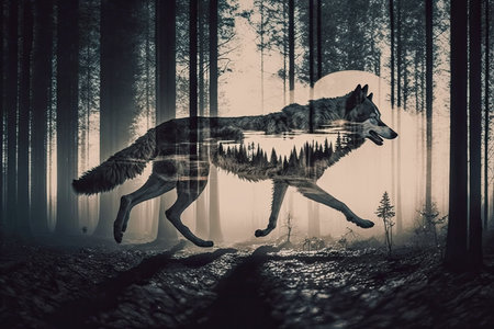 double exposure of wolf running in forest, with moon shining overhead, created with generative aiの素材