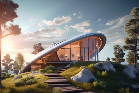 architectural rendering of futuristic house, with solar panels and advanced technology, created with generative aiの素材