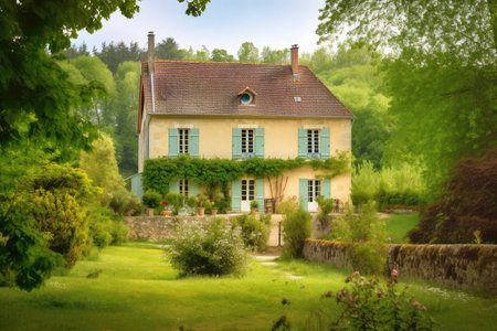 french country house with view of private garden, surrounded by lush greenery, created with generative aiの素材