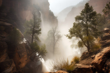suspenseful scene with canyon and waterfall, featuring misty spray, created with generative aiの素材