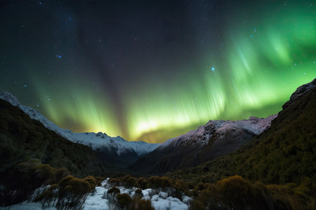 aurora australis over picturesque mountain landscape, created with generative aiの素材