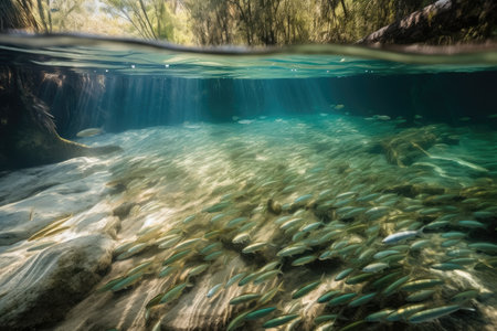 school of fish swimming in clear, freshwater stream, created with generative aiの素材