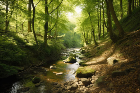 forest with towering trees and babbling brook, ideal for a day of relaxation, created with generative aiの素材