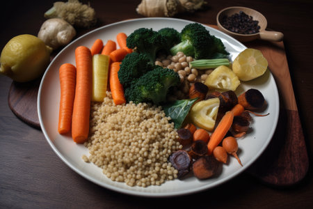 plate of perfectly cooked vegetables and grains, ready for sous-vide slow cooking, created with generative aiの素材