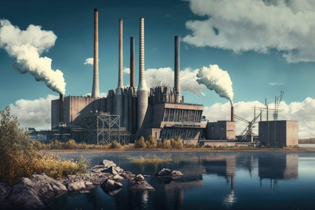 panoramic view of modern power plant, with smoke and steam rising from the chimneys, created with generative aiの素材