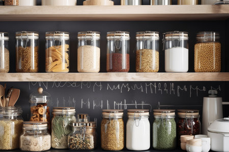 a pantry with glass jars and other food storage containers, each labeled for easy use, created with generative aiの素材