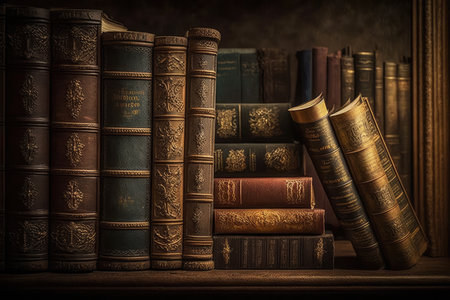 shelves filled with old books, including leather-bound classics and dusty tomes, created with generative aiの素材