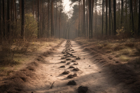 the tracks of a wild animal leading towards the forest, created with generative aiの素材