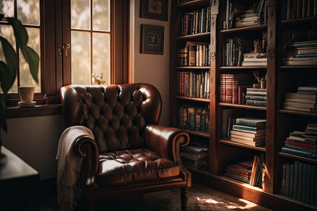 a brown leather chair surrounded by shelves of books and a window with natural light, created with generative aiの素材