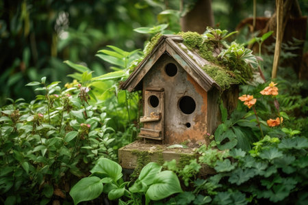 rusted birdhouse surrounded by lush greenery, created with generative aiの素材