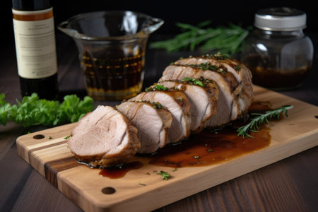 sous-vide pork tenderloin, cooked to perfection and served with roasted garlic, created with generative aiの素材