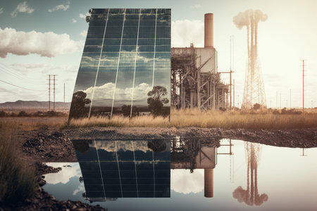 double exposure of solar panel and power plant, showcasing the importance of renewable energy, created with generative aiの素材
