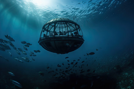 submersible suspended in the abyss, with schools of fish swimming past, created with generative aiの素材