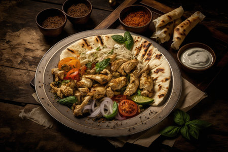 plate of chicken shawarma, with mix of warm and cool spices, created with generative aiの素材