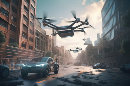 autonomous vehicle driving through futuristic city, with drones flying overhead, created with generative aiの素材