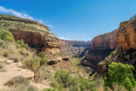 majestic canyon with a clear blue sky, surrounded by towering cliffs and lush vegetation, created with generative aiの素材