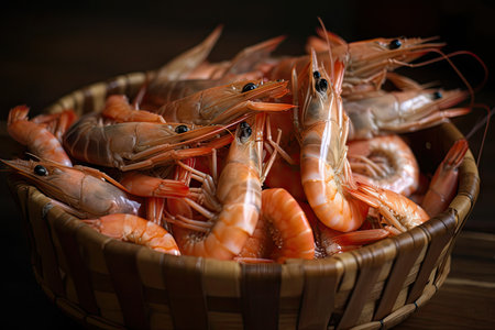 basket of freshly caught tiger shrimp prawns, created with generative aiの素材