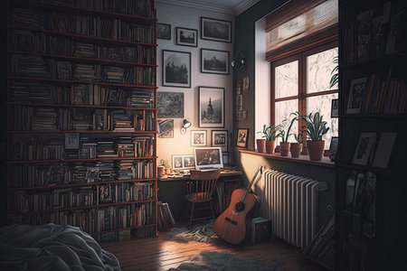 view of shelves filled with books and photos in cozy room, created with generative aiの素材