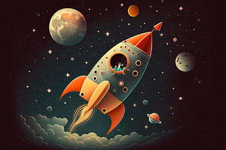 cute rocket ship floating in the night sky, with stars and moon visible, created with generative aiの素材