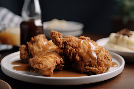 plate of fried chicken, mashed potatoes, and gravy, created with generative aiの素材