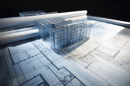 series of architectural blueprints, showing the progress and development of a building project, created with generative aiの素材