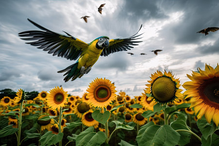 parrot flying past sunflower field, with dramatic sky in the background, created with generative aiの素材