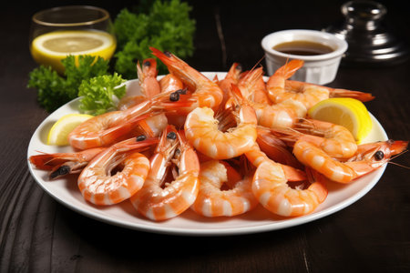 platter of tiger shrimp prawns, served with cocktail sauce and lemon wedges, created with generative aiの素材