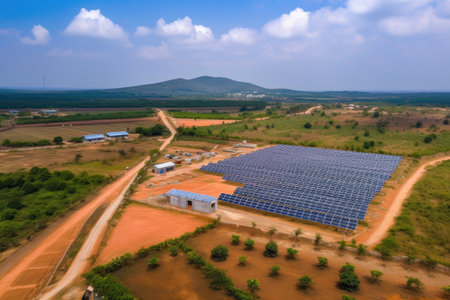 solar power plant, with fields of solar panels and nearby village, created with generative aiの素材