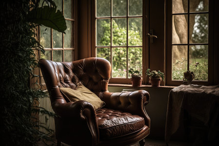 comfortable brown leather chair by the window, with view of the garden, created with generative aiの素材