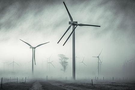 wind farm with dense fog or mist in the background, created with generative aiの素材