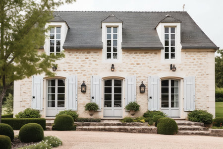 traditional french country house with white facade, black shutters, and stone window sills, created with generative aiの素材