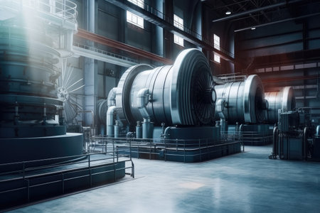 energy plant, with turbines and generators spinning in motion, created with generative aiの素材