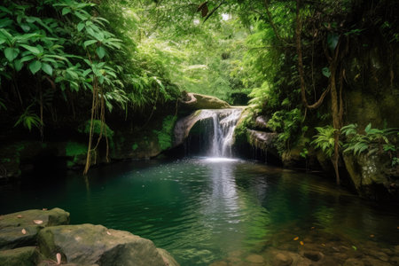 hidden waterfall, surrounded by lush greenery and crystal-clear water, created with generative aiの素材
