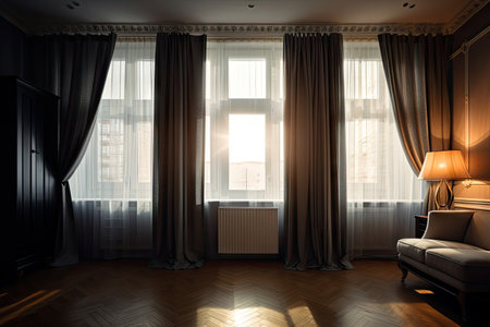 window with automated blinds and curtains, providing maximum privacy and light control, created with generative aiの素材