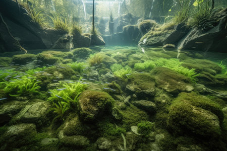 freshwater ecosystem with algae and other aquatic plants thriving in clear water, created with generative aiの素材